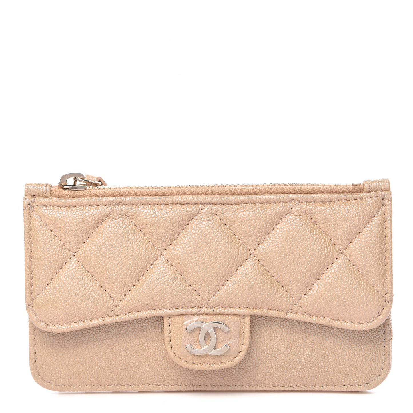 Iridescent Caviar Quilted Flap Zip Card Holder Beige