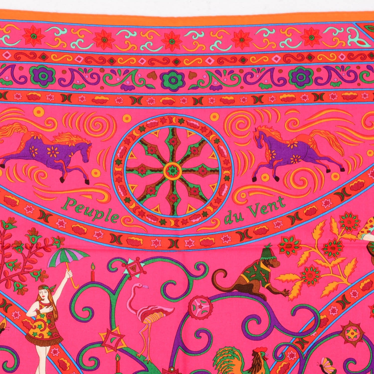 Hermes Cashmere Silk Peuple Du Vent Shawl 140 Rose Indien Orange Vert 4 of 6