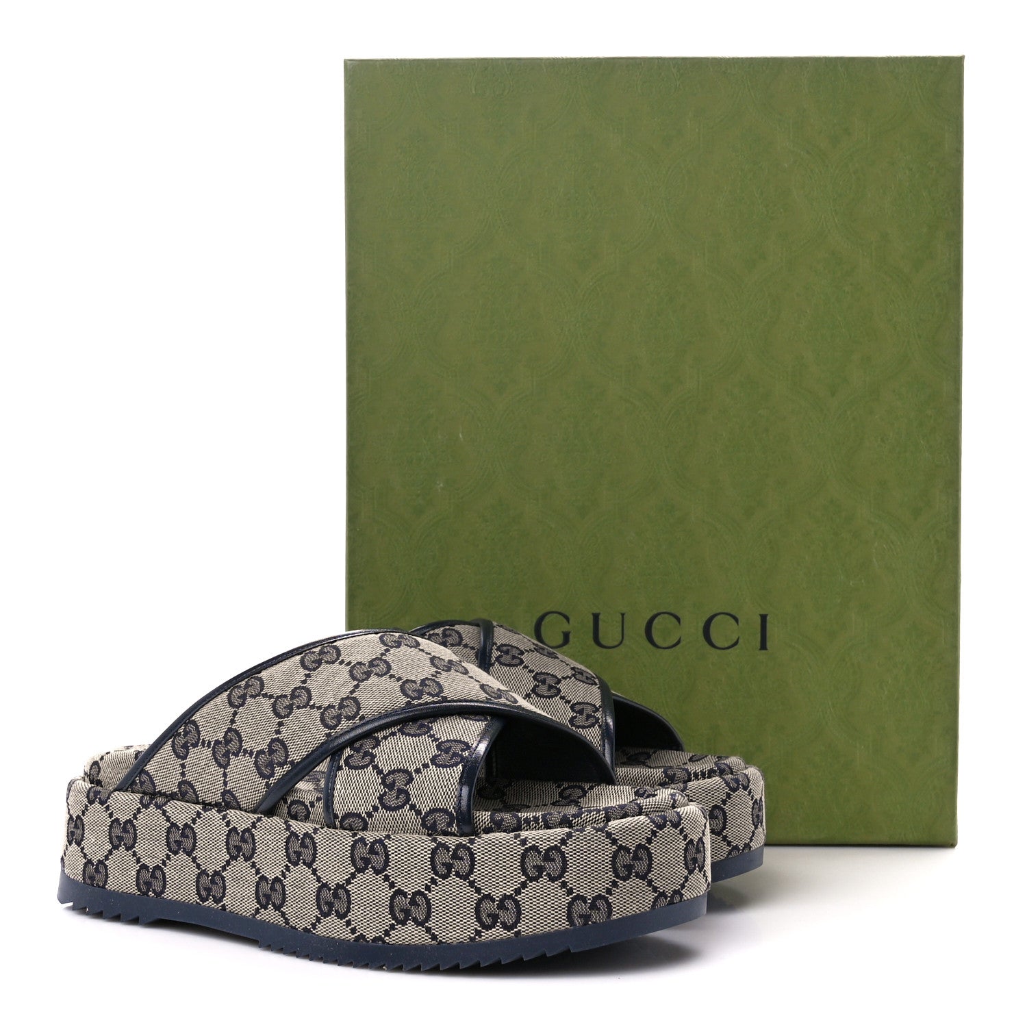 Gucci Monogram Criss Cross Platform Slide Sandals 37 Beige Blue 10 of 10