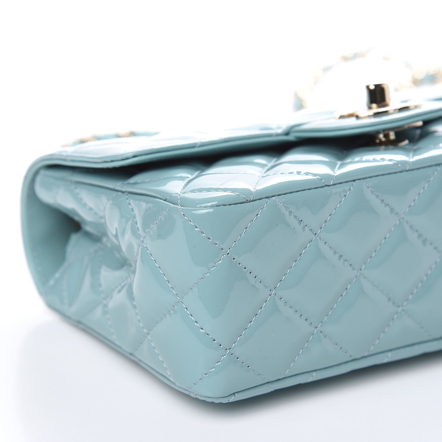 Patent Calfskin Quilted Mini Rectangular Flap Light Blue