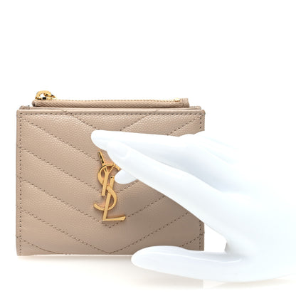 Saint Laurent Grain De Poudre Matelasse Chevron Monogram Zipped Card Case Dark Beige 2 of 7