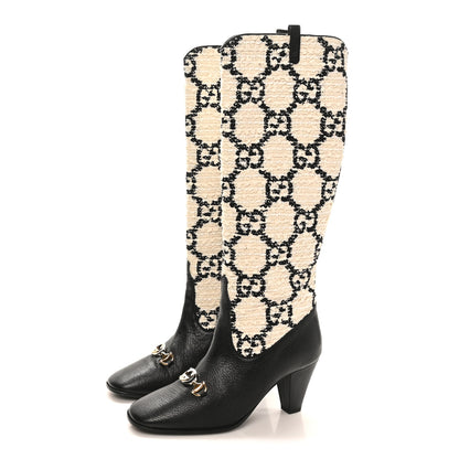 Gucci Tweed GG Monogram Wrinkled Kid Zumi Knee Boots 39.5 Natural Black 4 of 10