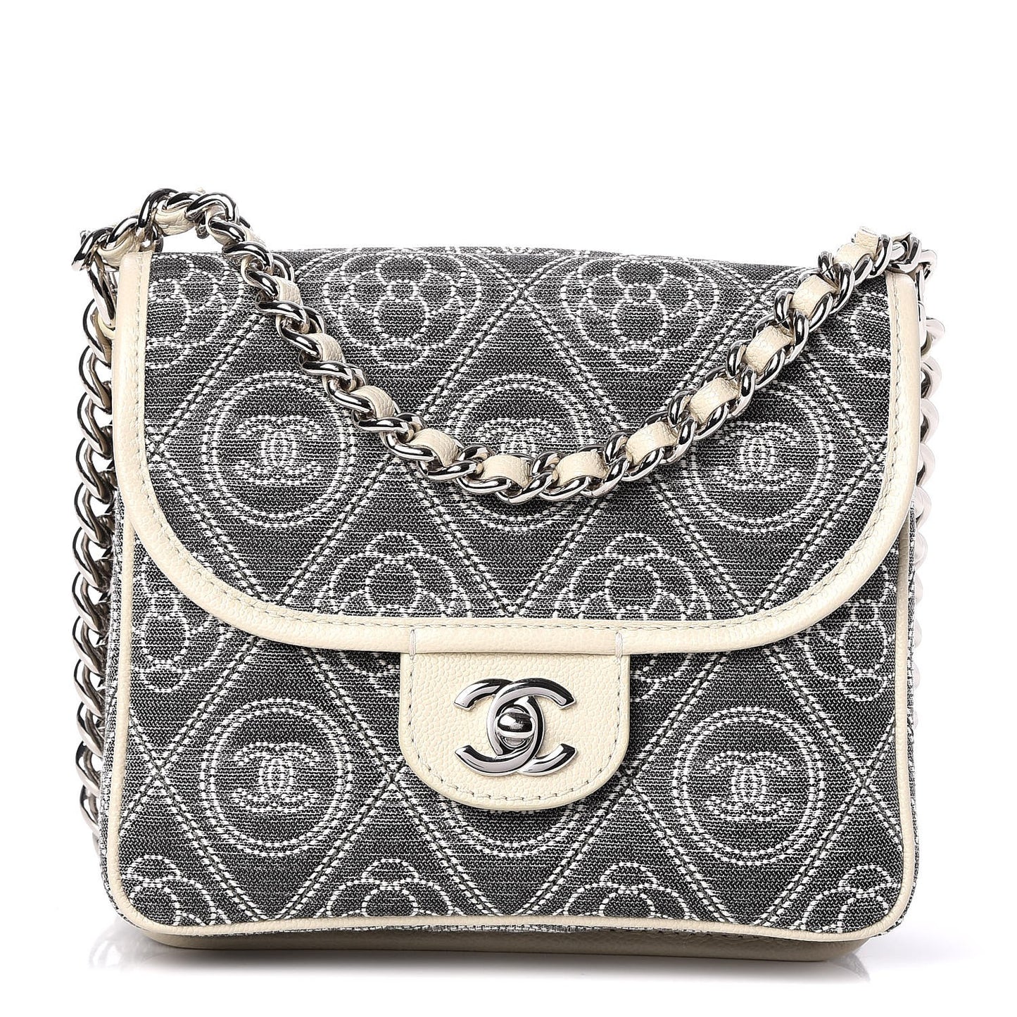 Fabric Camellia Printed Grained Calfskin Messenger Bag Black White