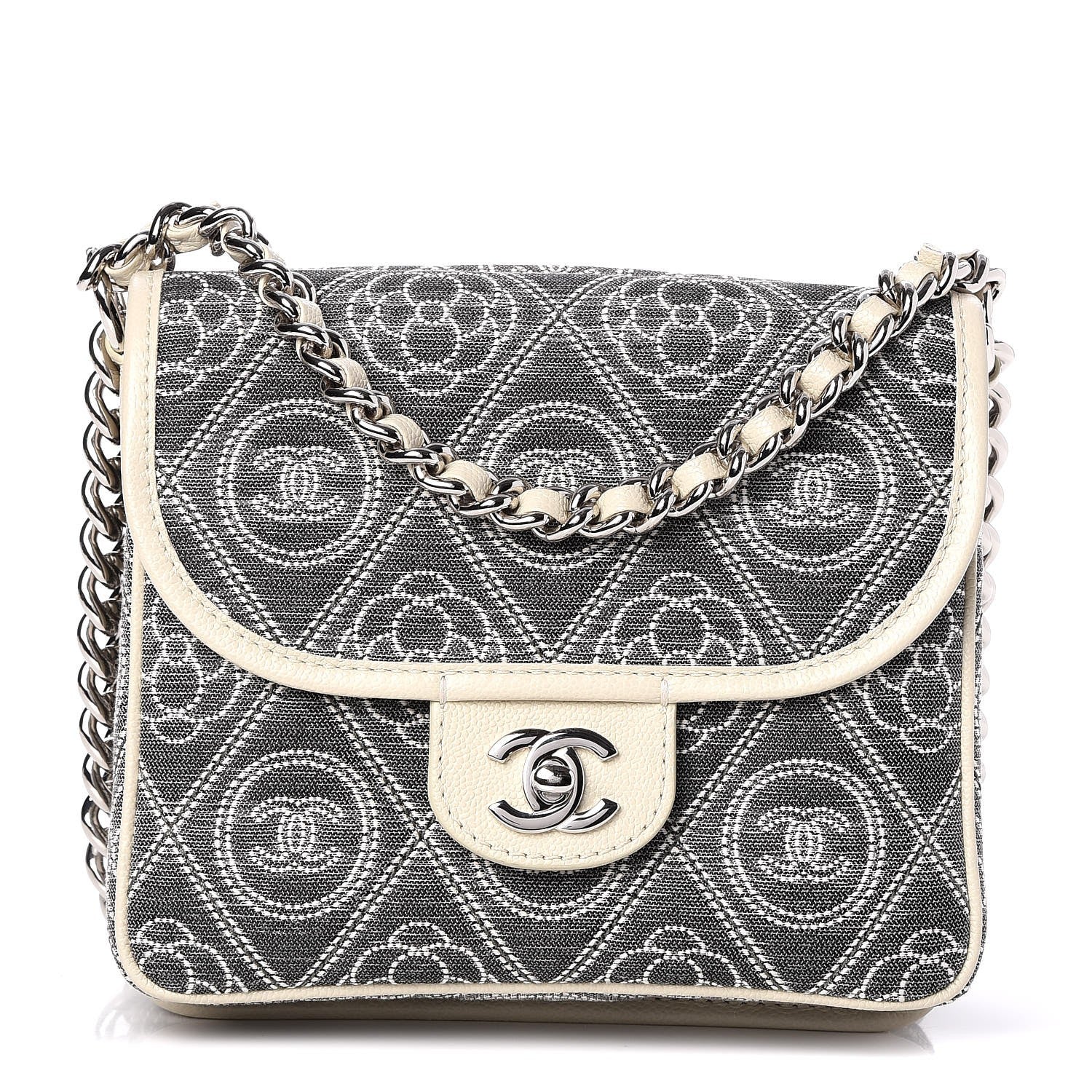 Chanel Fabric Camellia Printed Grained Calfskin Messenger Bag Black White 1 of 8