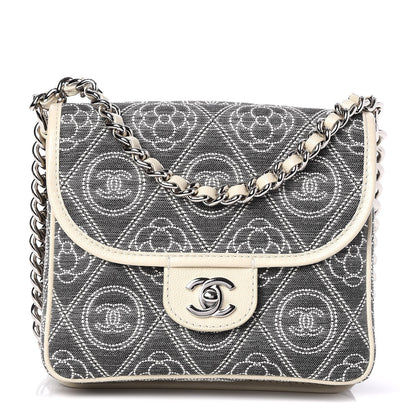Chanel Fabric Camellia Printed Grained Calfskin Messenger Bag Black White 1 of 8
