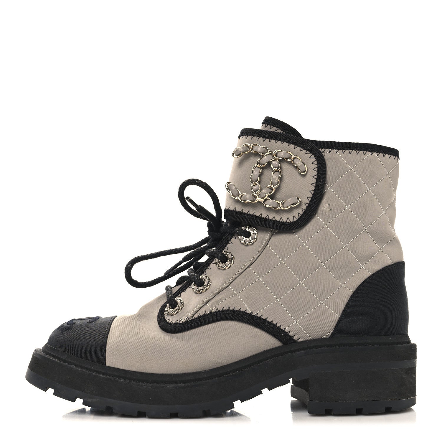 Chanel Fabric Grosgrain Lambskin Quilted Lace Up Combat Boot 36 Gray 1 of 11