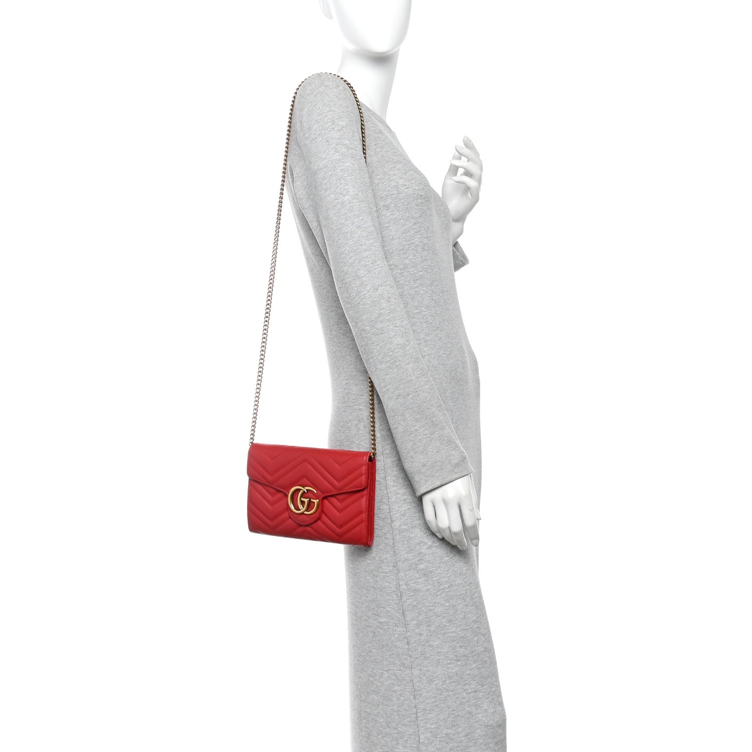 Gucci Calfskin Matelasse Mini GG Marmont Chain Wallet Hibiscus Red 2 of 12