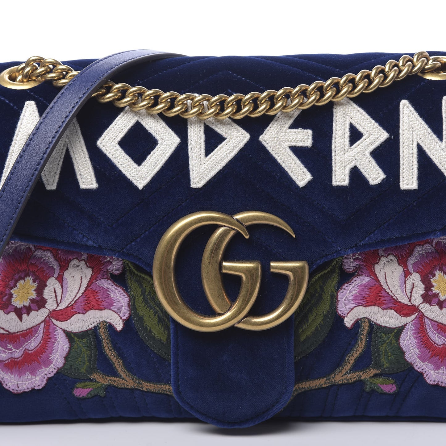 Velvet Matelasse Modern Embroidered Medium GG Marmont Shoulder Bag Cobalt