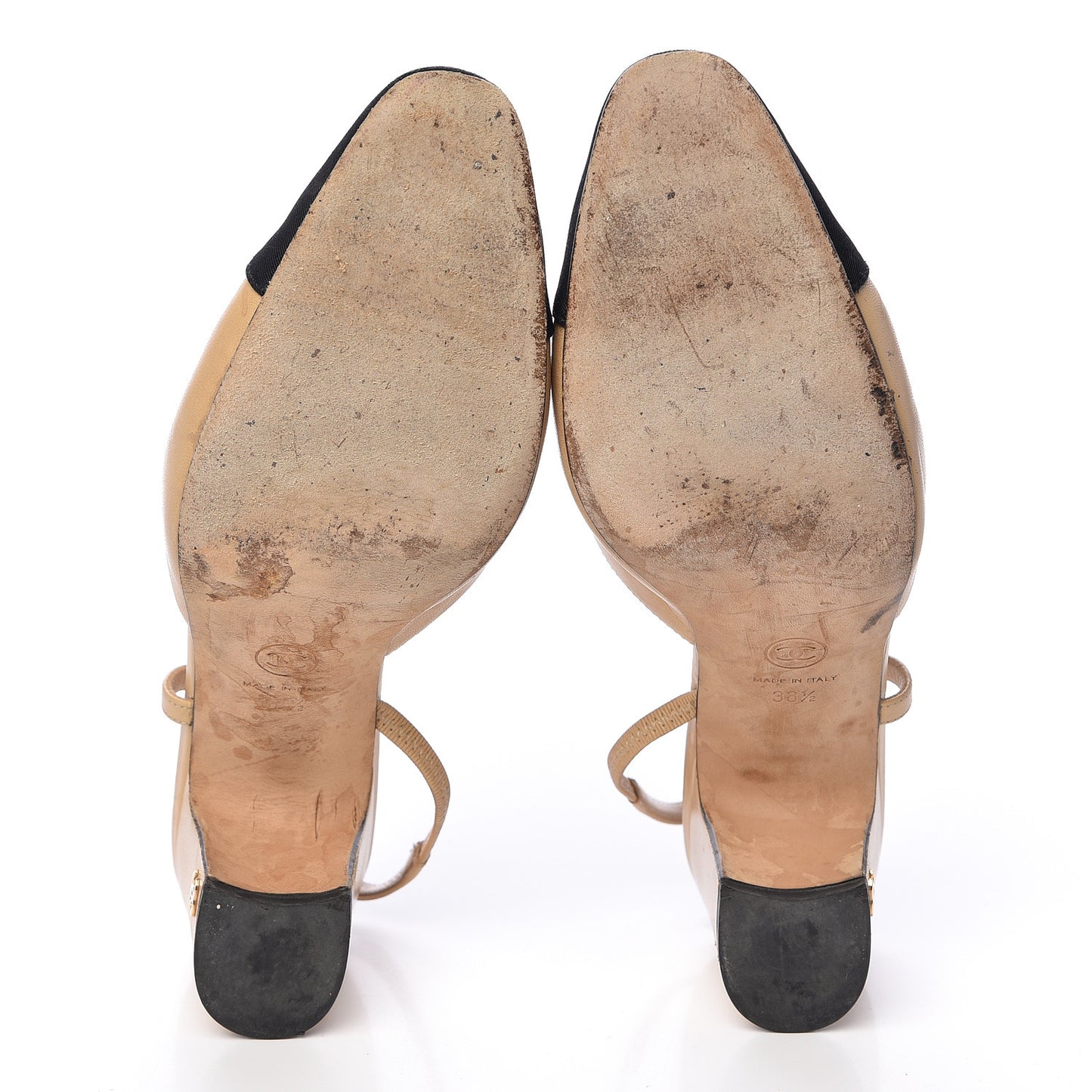 Goatskin Grosgrain Cap Toe CC Slingback Pumps 38.5 Beige Black