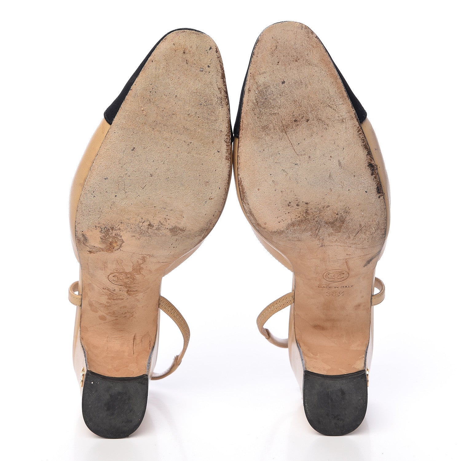 Chanel Goatskin Grosgrain Cap Toe CC Slingback Pumps 38.5 Beige Black 8 of 13
