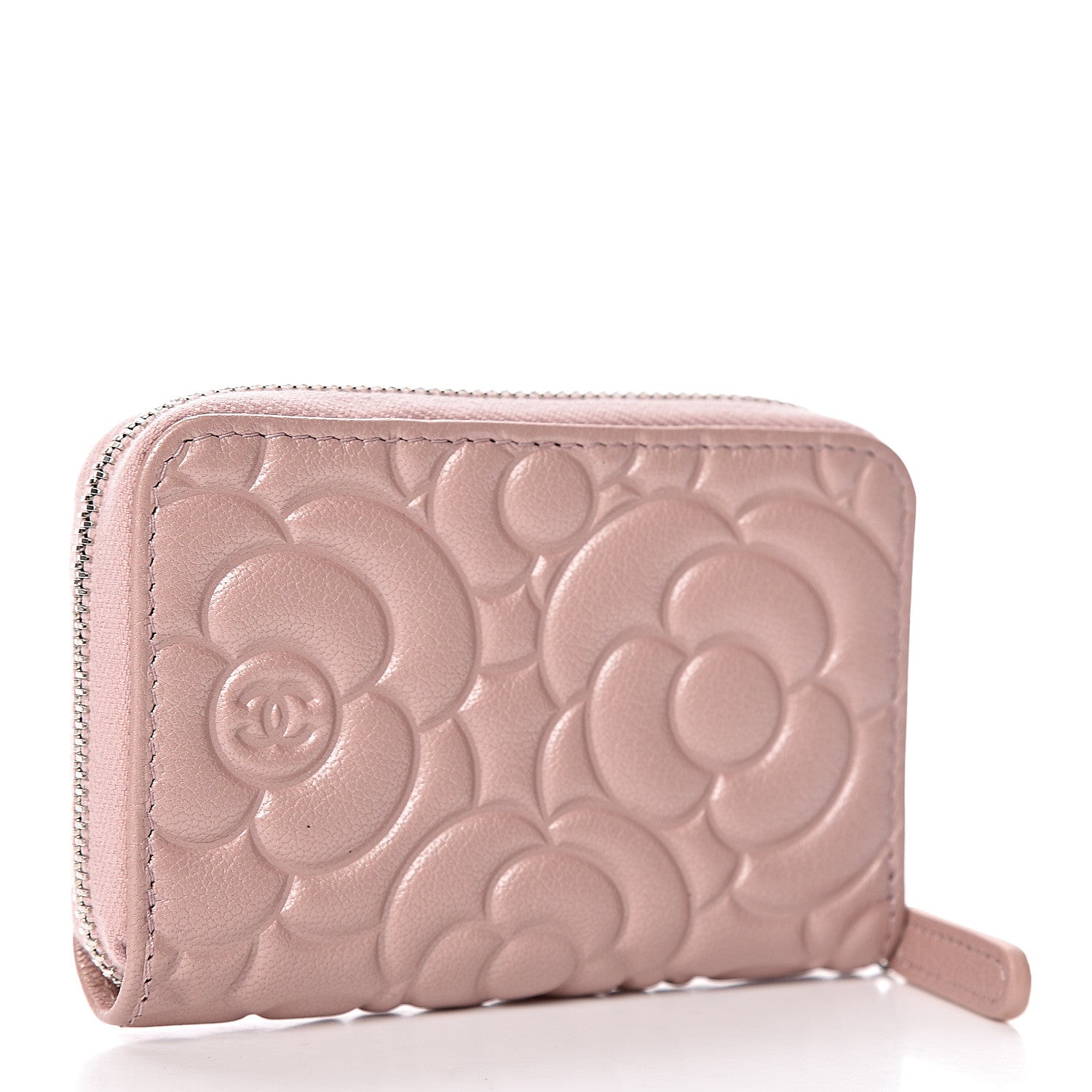 Chanel Goatskin Camellia Embossed Zip Coin Purse Light Pink 3 of 8