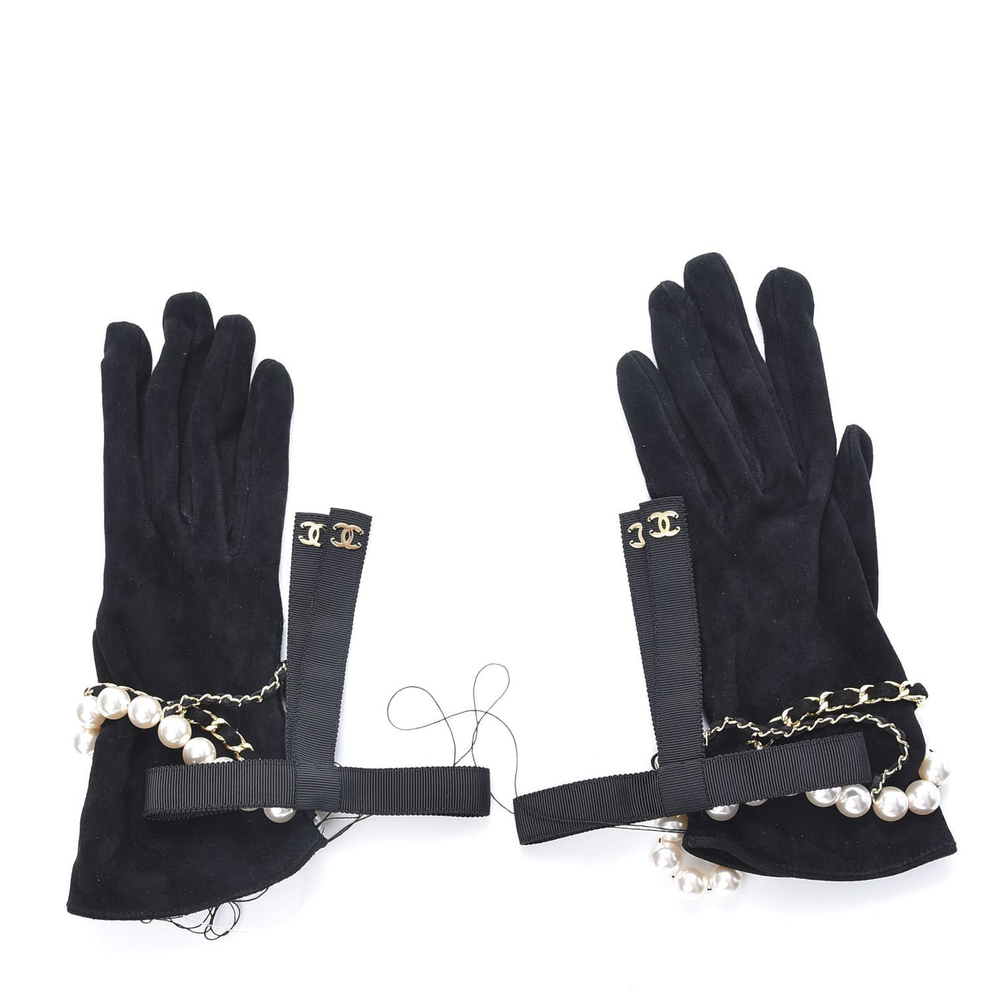 Suede Lambskin Pearl Grosgrain Gloves 7.5 Black