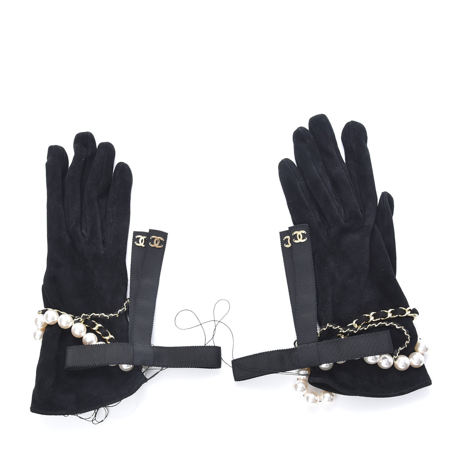 Chanel Suede Lambskin Pearl Grosgrain Gloves 7.5 Black 1 of 5