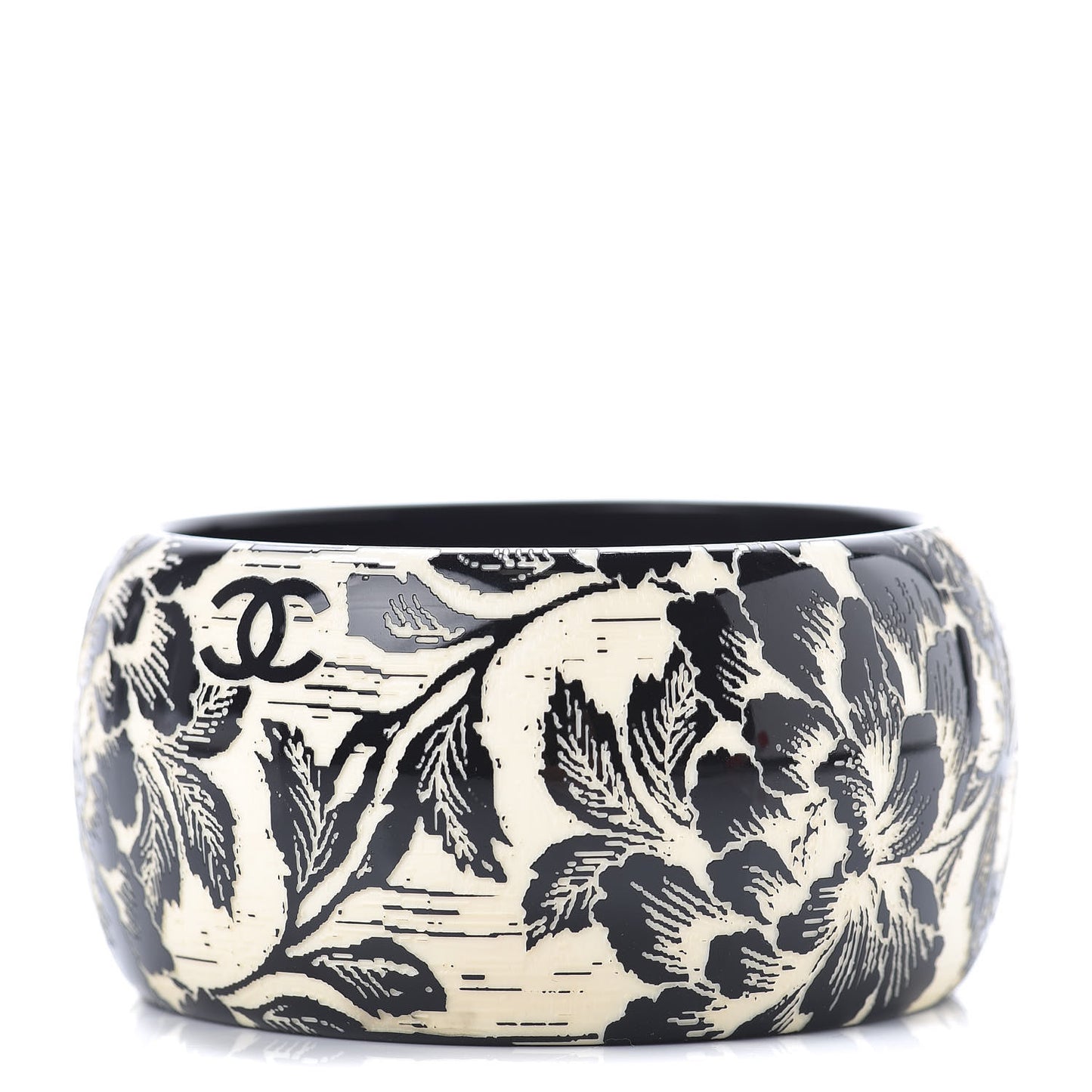 Resin Laser Etched Floral Bangle Black Cream