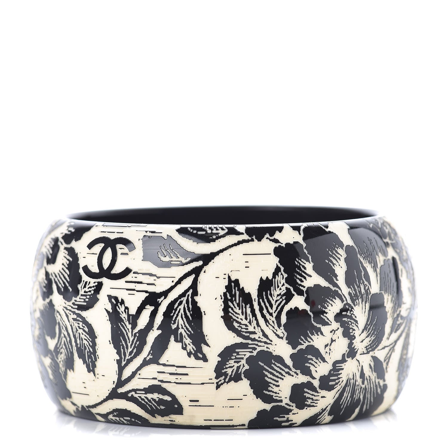 Chanel Resin Laser Etched Floral Bangle Black Cream 1 of 5