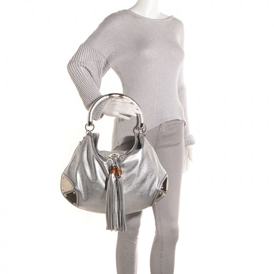 Leather Large Indy Top Handle Hobo Silver