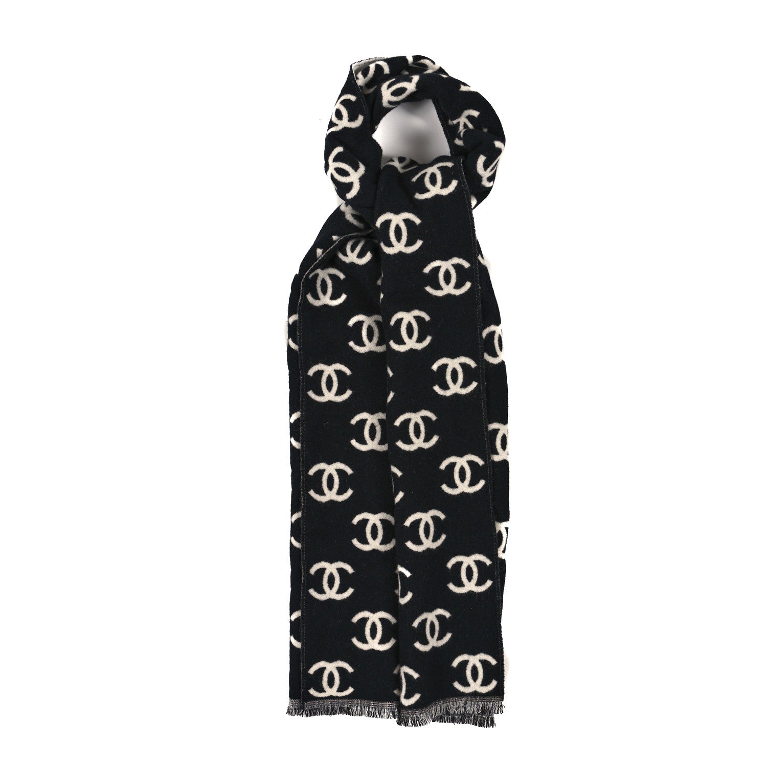Chanel Wool Cashmere CC Scarf Black White 1 of 3