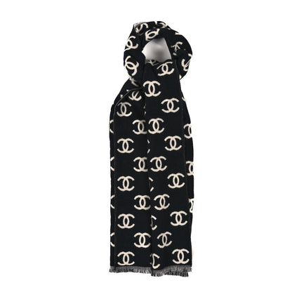 Chanel Wool Cashmere CC Scarf Black White 1 of 3