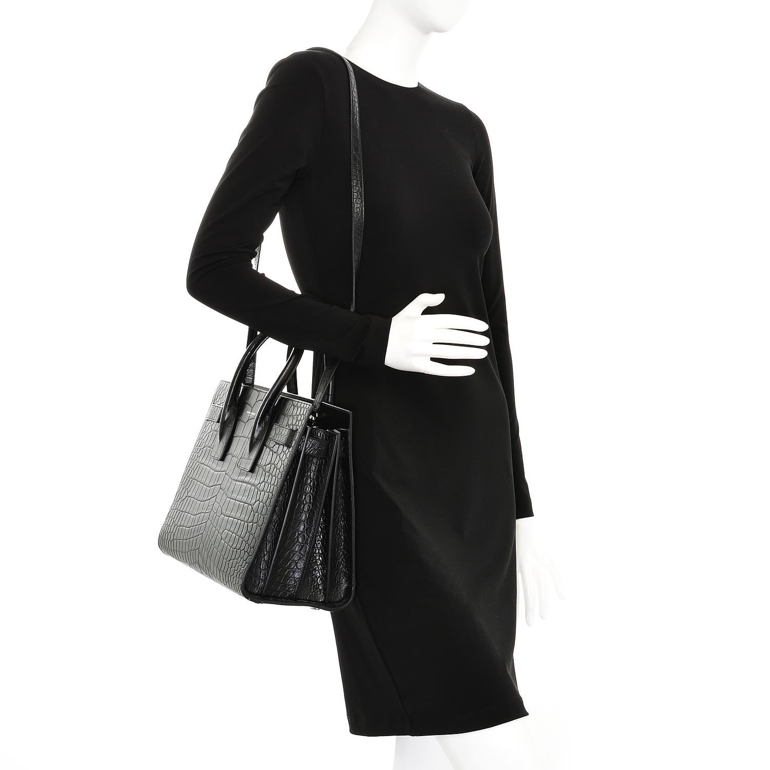 Saint Laurent Calfskin Crocodile Embossed Small Sac de Jour Black 2 of 9