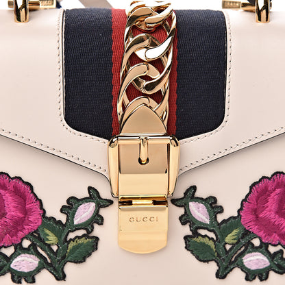 Gucci Calfskin Embroidered Mini Sylvie Top Handle Bag White 10 of 10