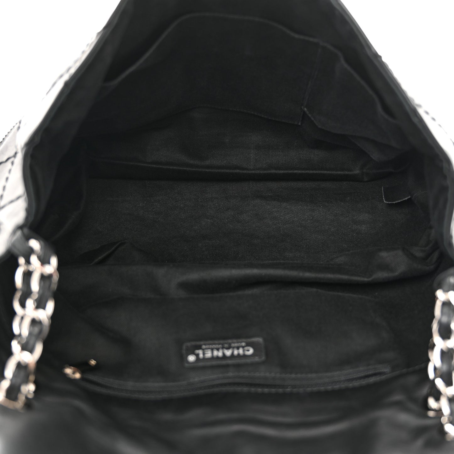 Calfskin Stitched Large Expandable Flap Bag Black