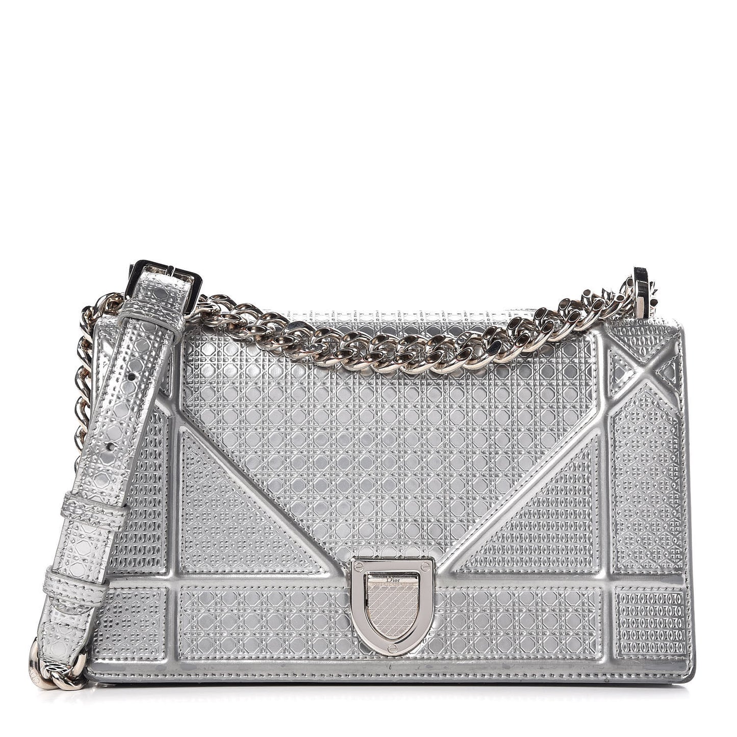 Metallic Patent Micro-Cannage Small Diorama Flap Bag Silver