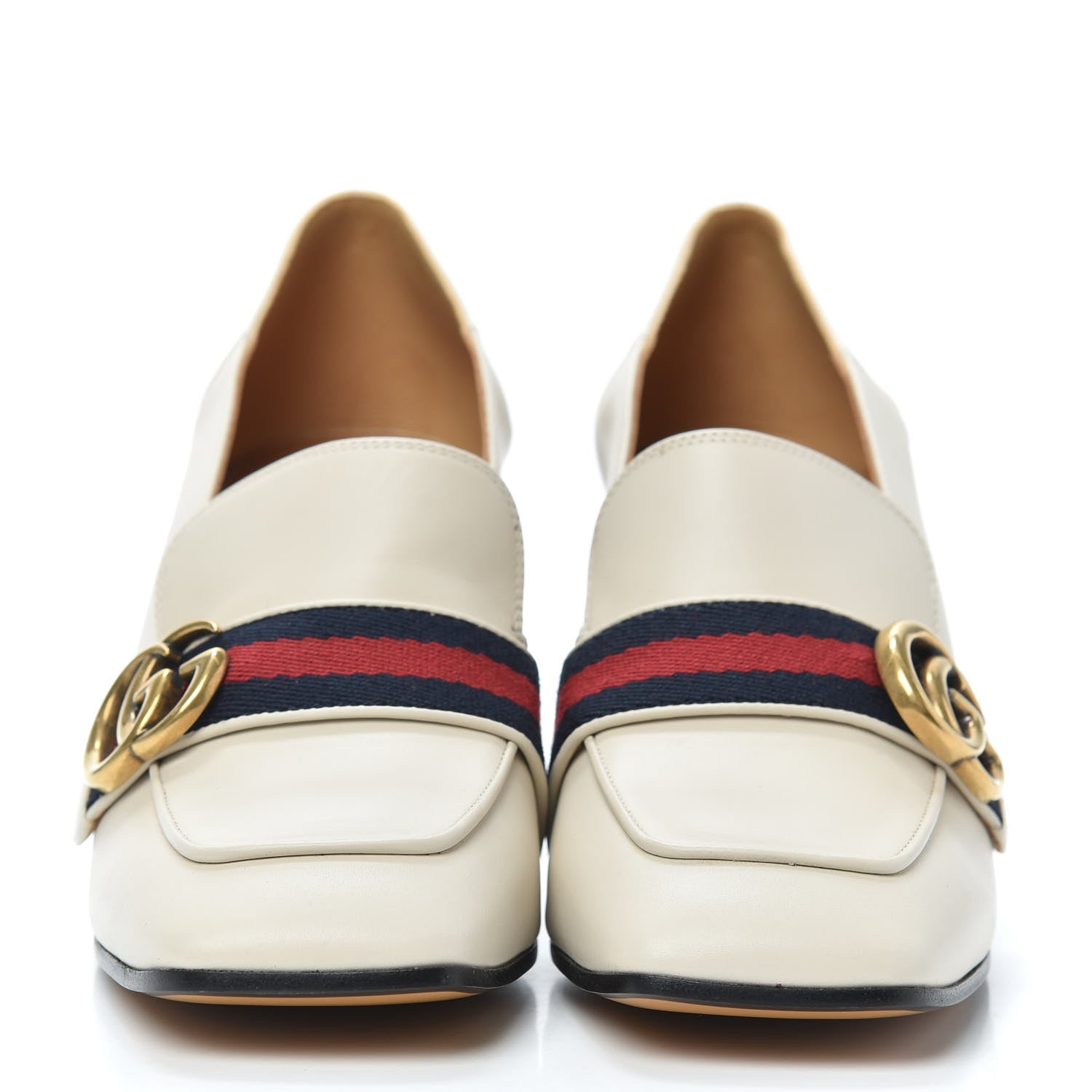 Gucci Betis Glamour Calfskin Web Pearl Embellished Peyton 75mm Loafer Pumps 38 Mystic White 2 of 7