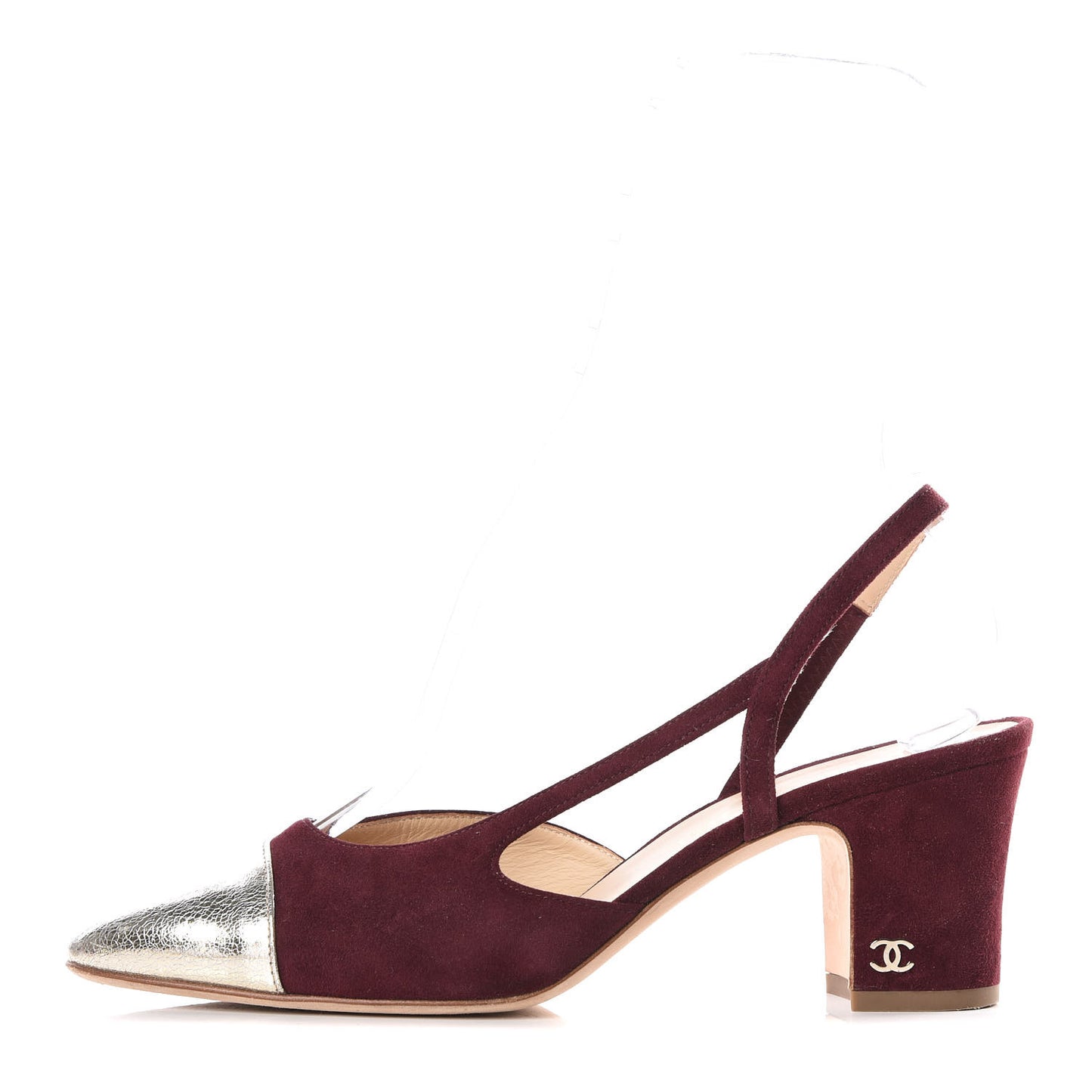 Kid Suede Metallic Lambskin Cap Toe CC Slingback Pumps 37.5 Burgundy Gold