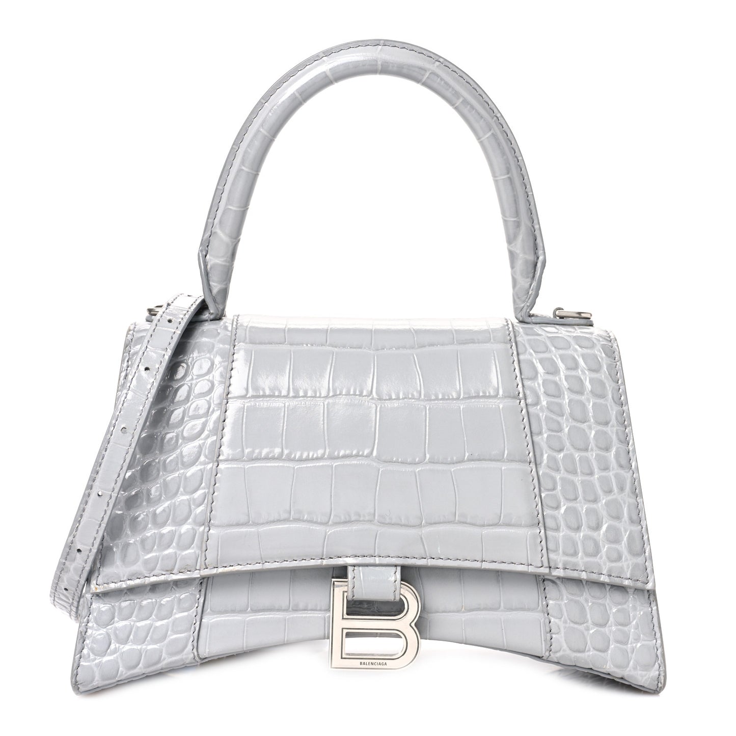 Shiny Calfskin Crocodile Embossed Small Hourglass Top Handle Bag Balenciaga Grey