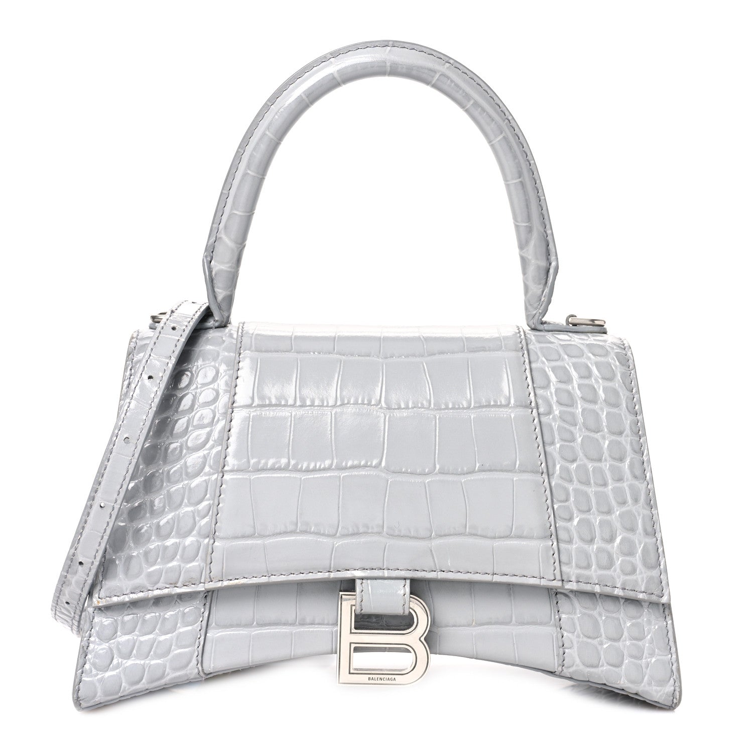 Balenciaga Shiny Calfskin Crocodile Embossed Small Hourglass Top Handle Bag Balenciaga Grey 1 of 10