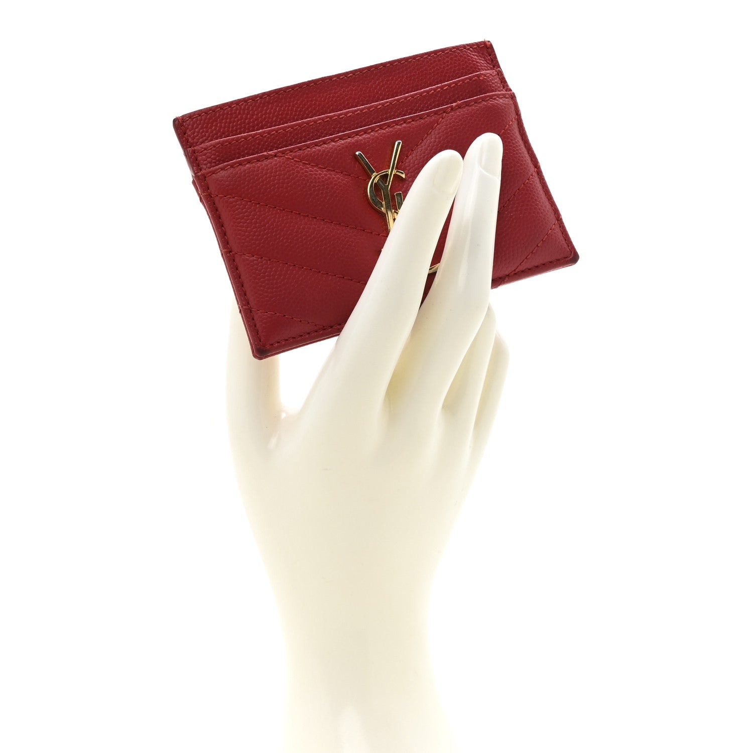 Saint Laurent Grain De Poudre Matelasse Chevron Monogram Credit Card Case New Red 2 of 12