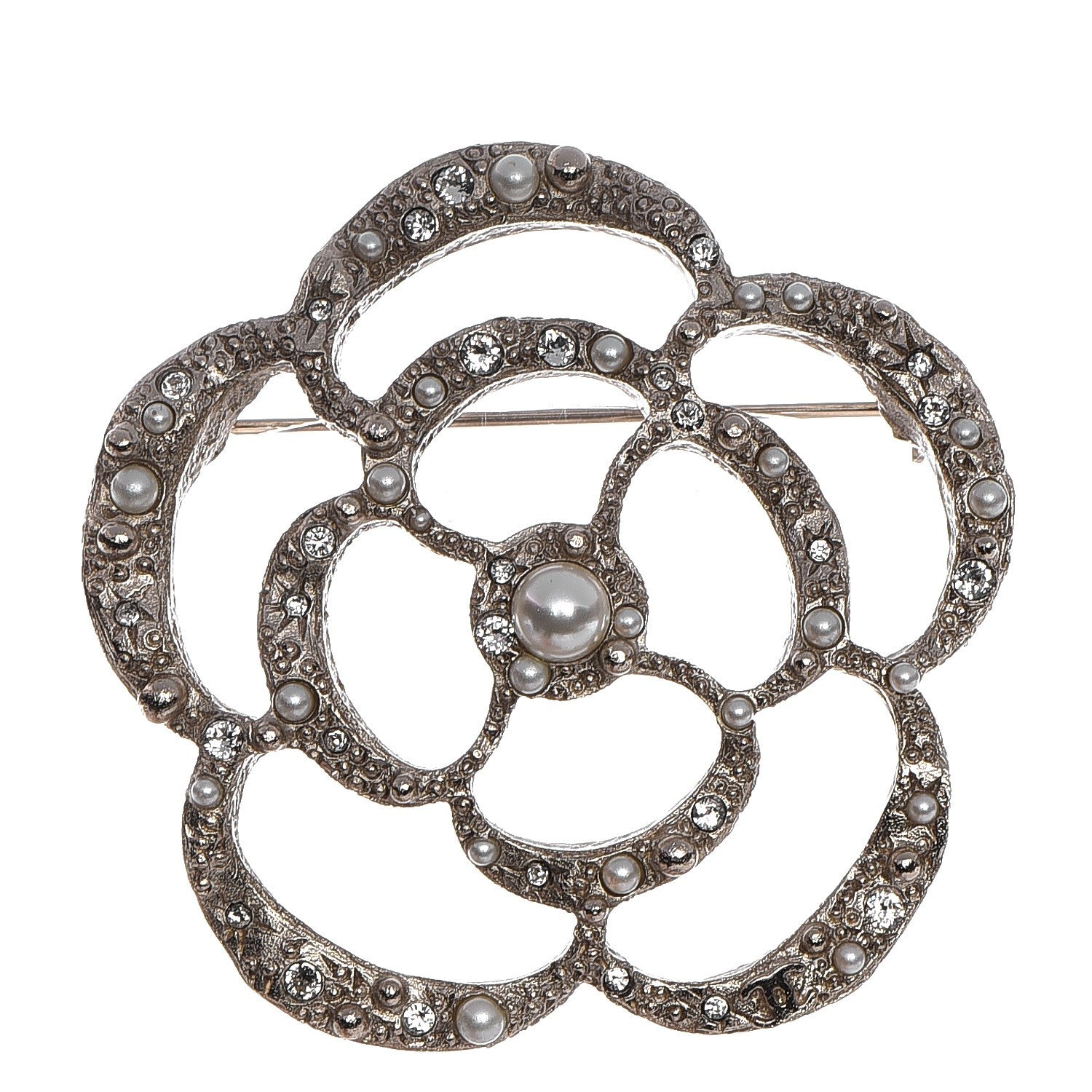 Chanel Pearl Crystal CC Camellia Brooch Light Gold 1 of 6