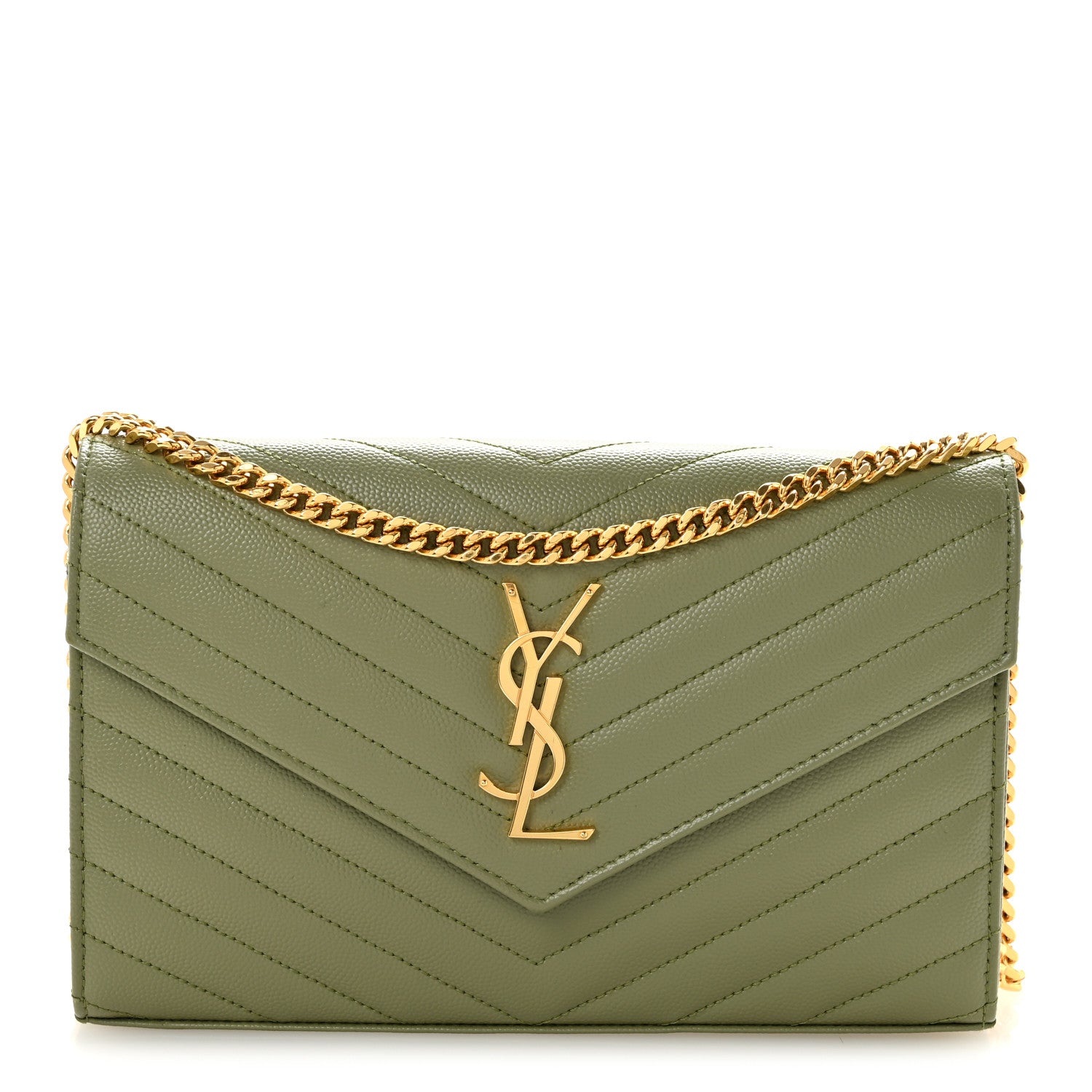 Saint Laurent Grain De Poudre Matelasse Chevron Monogram Chain Wallet Pistachio 1 of 12