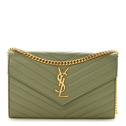 Saint Laurent Grain De Poudre Matelasse Chevron Monogram Chain Wallet Pistachio 1 of 12