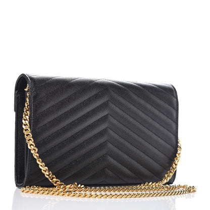 Saint Laurent Grain De Poudre Matelasse Chevron Monogram Chain Wallet Black 3 of 9