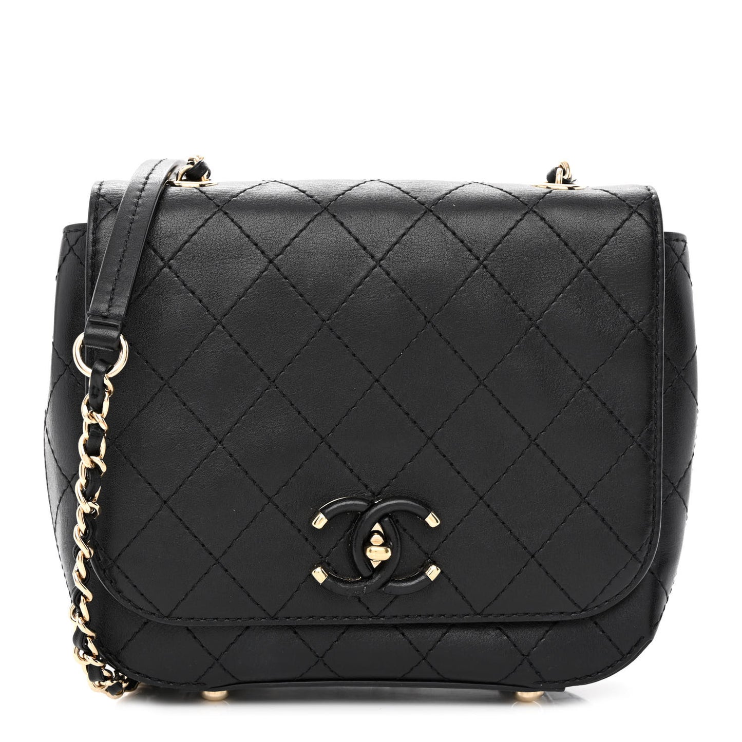 Calfskin Stitched Small Covered CC Flap Bag Black