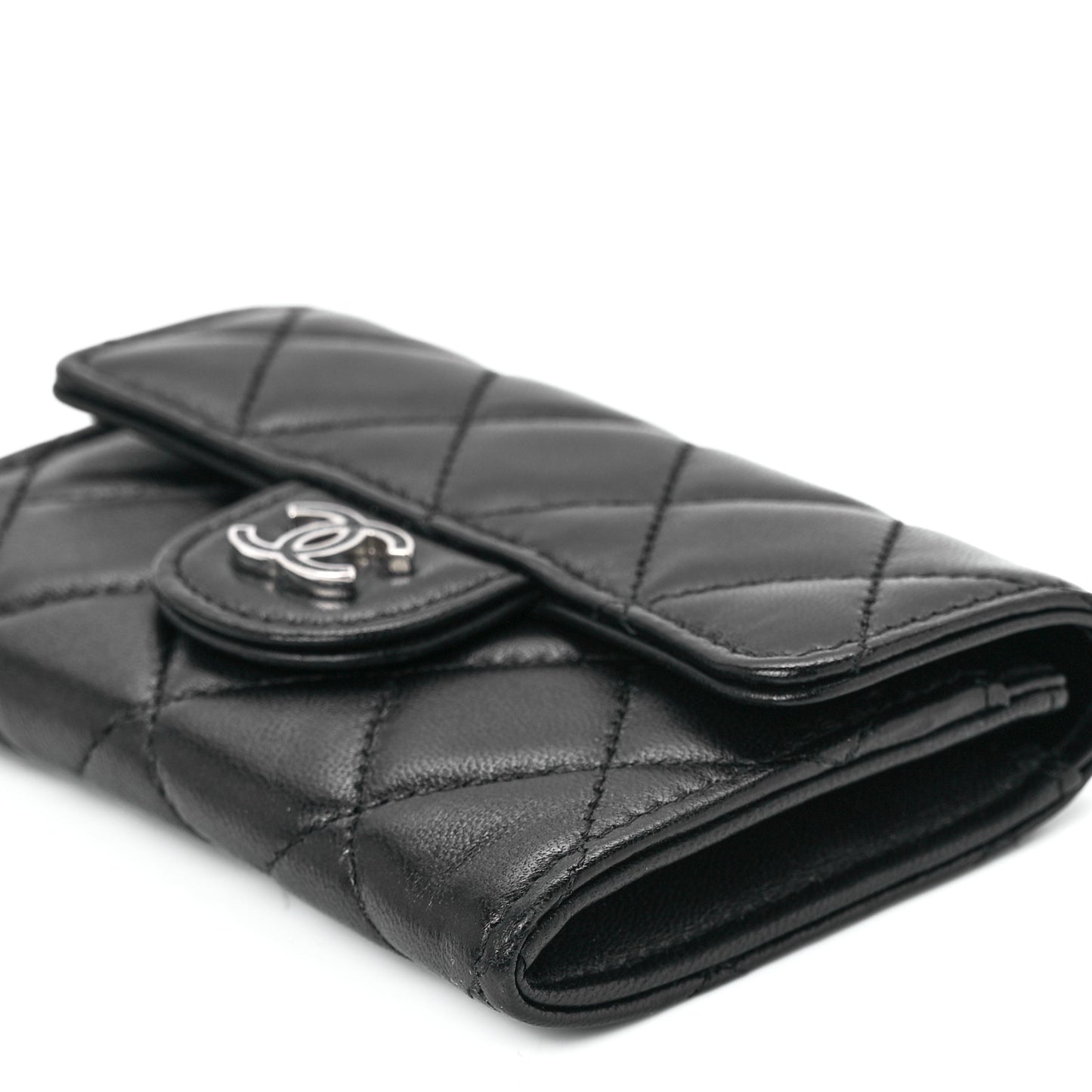 Lambskin Quilted Glitter CC Flap Card Holder Wallet Black