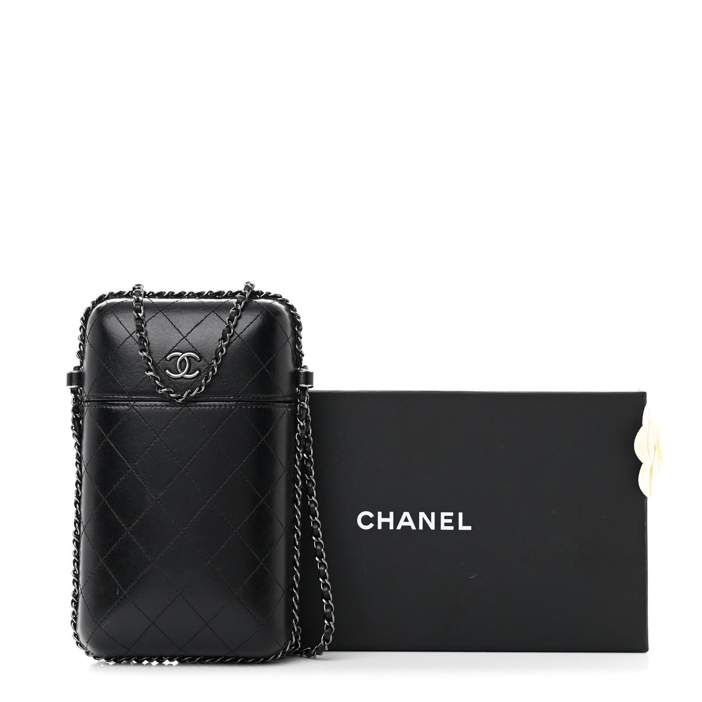 Lambskin Quilted Chain Around Phone Holder Black