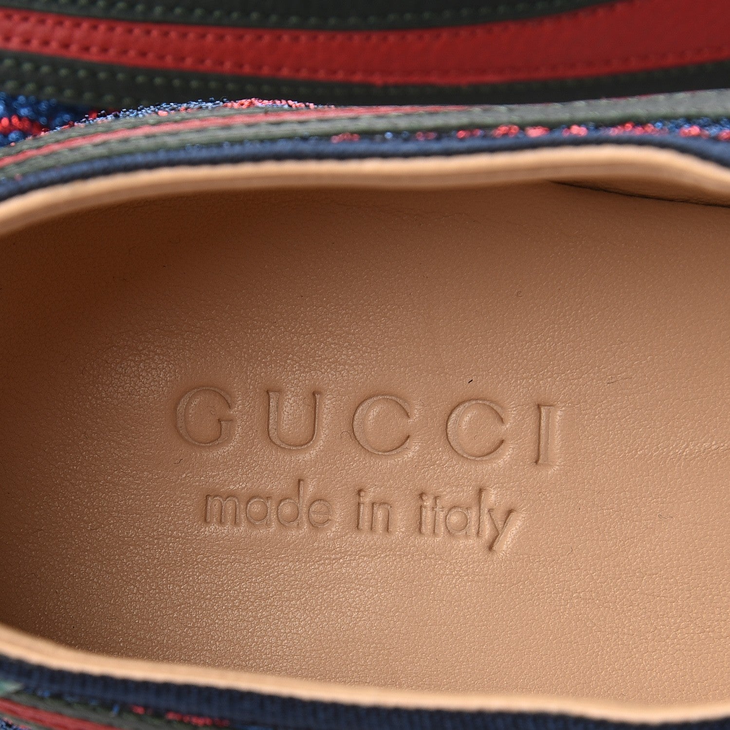 Gucci Lurex Calfskin Web GG Monogram Mens Falacer Sneakers 7 Iridescent Blue Iridescent Red Silver 6 of 11