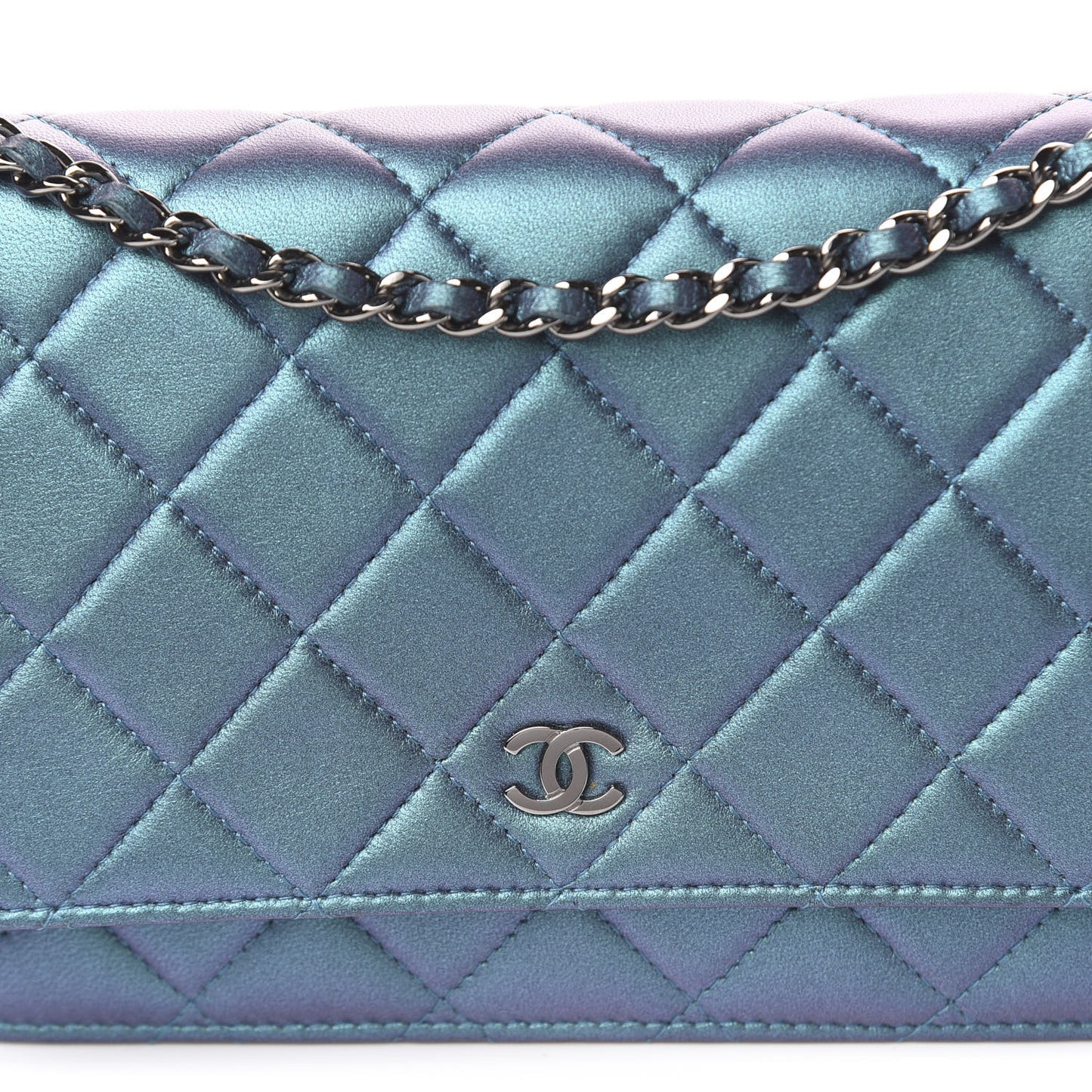 Metallic Lambskin Wallet On Chain WOC Turquoise