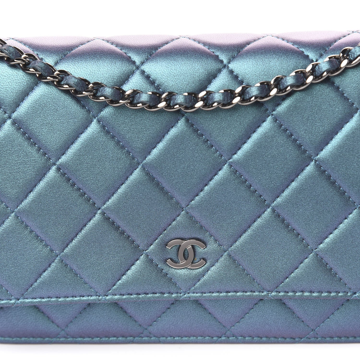 Chanel Metallic Lambskin Wallet On Chain WOC Turquoise 8 of 11