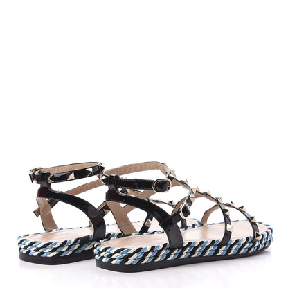 Valentino Garavani Patent Rockstud Torchon Espadrille Caged 30mm Flat Sandals 38 Black 4 of 8