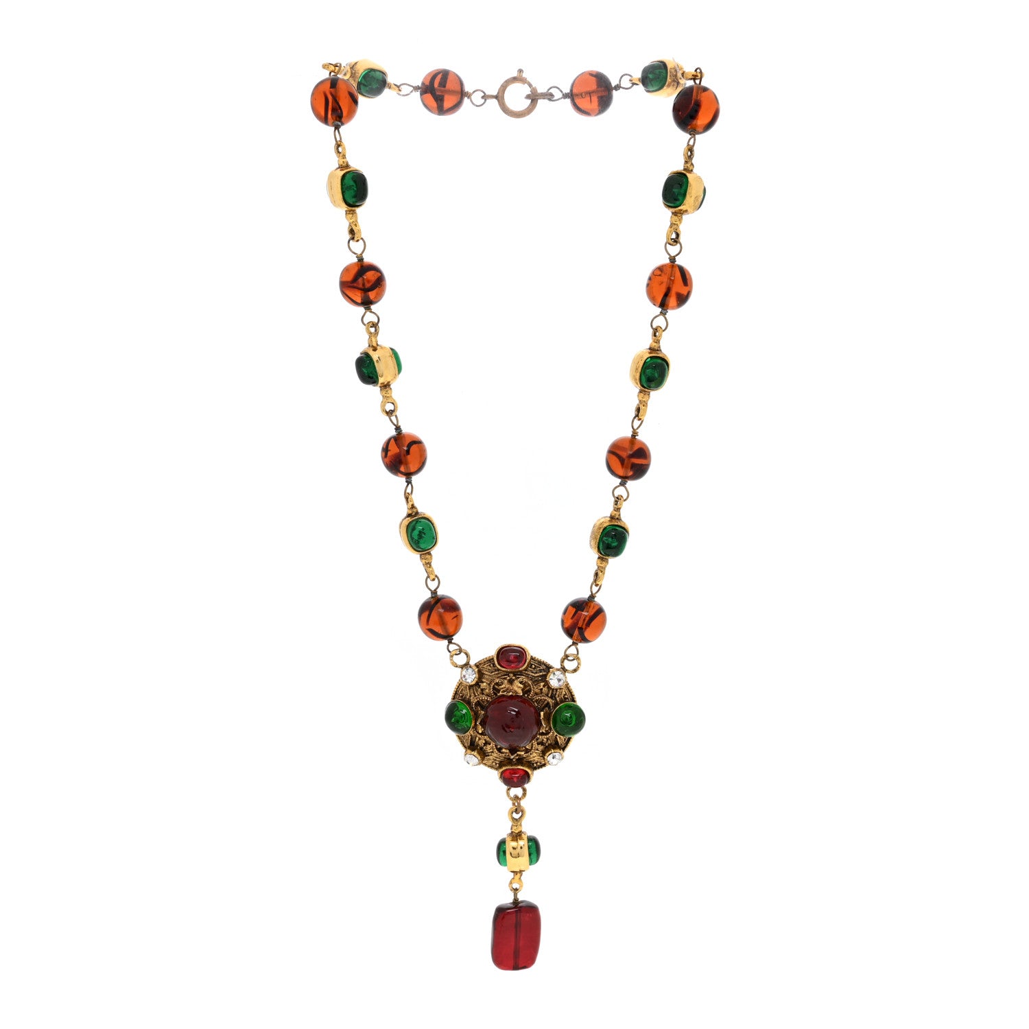 Chanel Bead Gripoix Poured Glass Pendant Necklace Gold Red Green 3 of 4