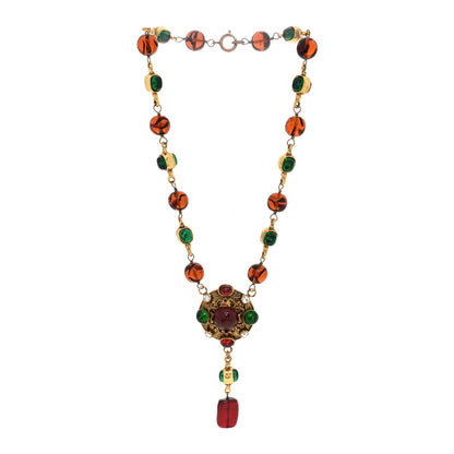 Chanel Bead Gripoix Poured Glass Pendant Necklace Gold Red Green 3 of 4