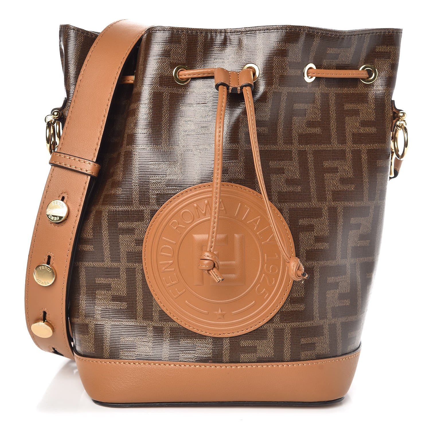 Fendi Glazed Fabric Vitello Grace F is Fendi FF 1974 Stamp Patch Grande Mon Tresor Bucket Bag Mogano Panna Nocciola 1 of 6