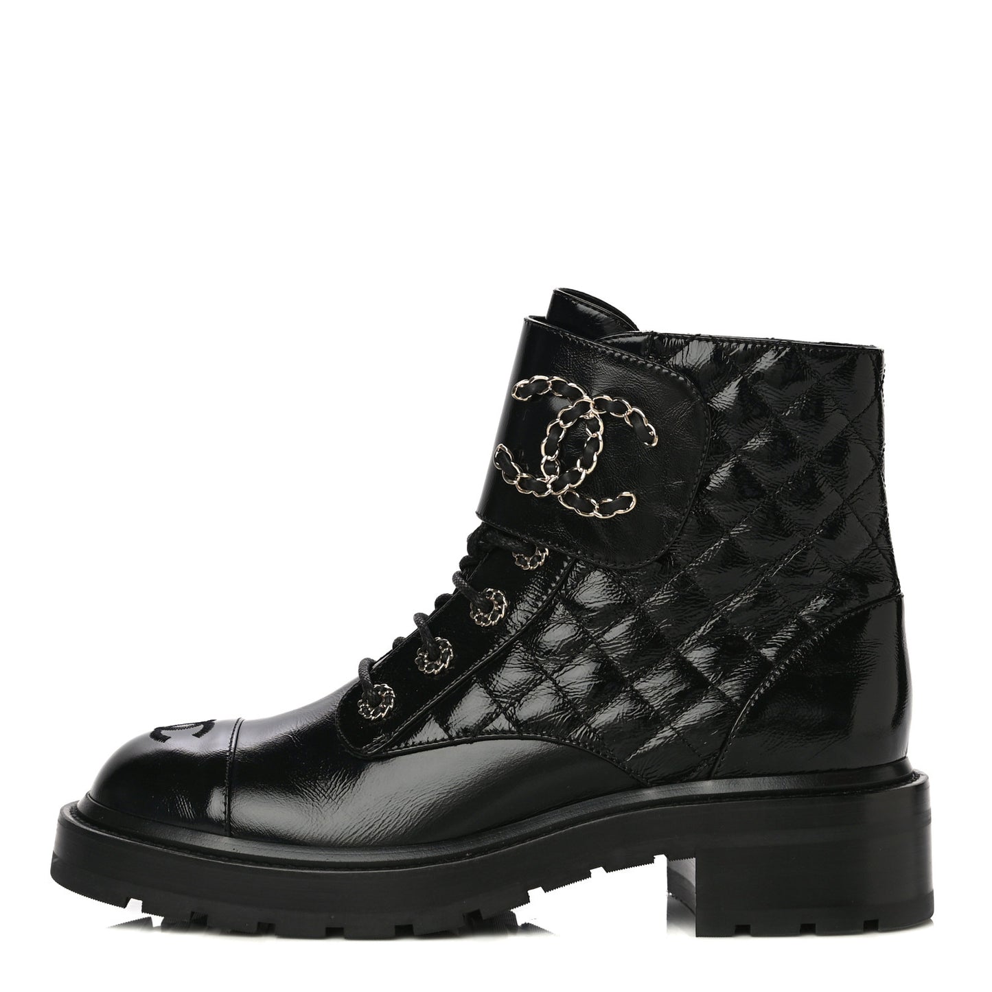 Shiny Calfskin Quilted Lace Up Combat Boots 39.5 Black