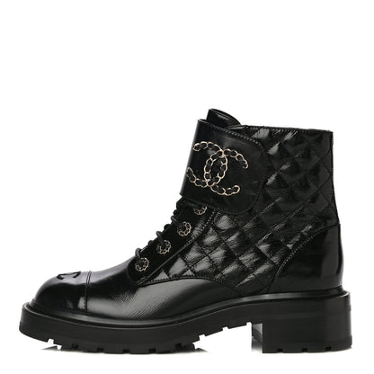 Chanel Shiny Calfskin Quilted Lace Up Combat Boots 39.5 Black 1 of 10