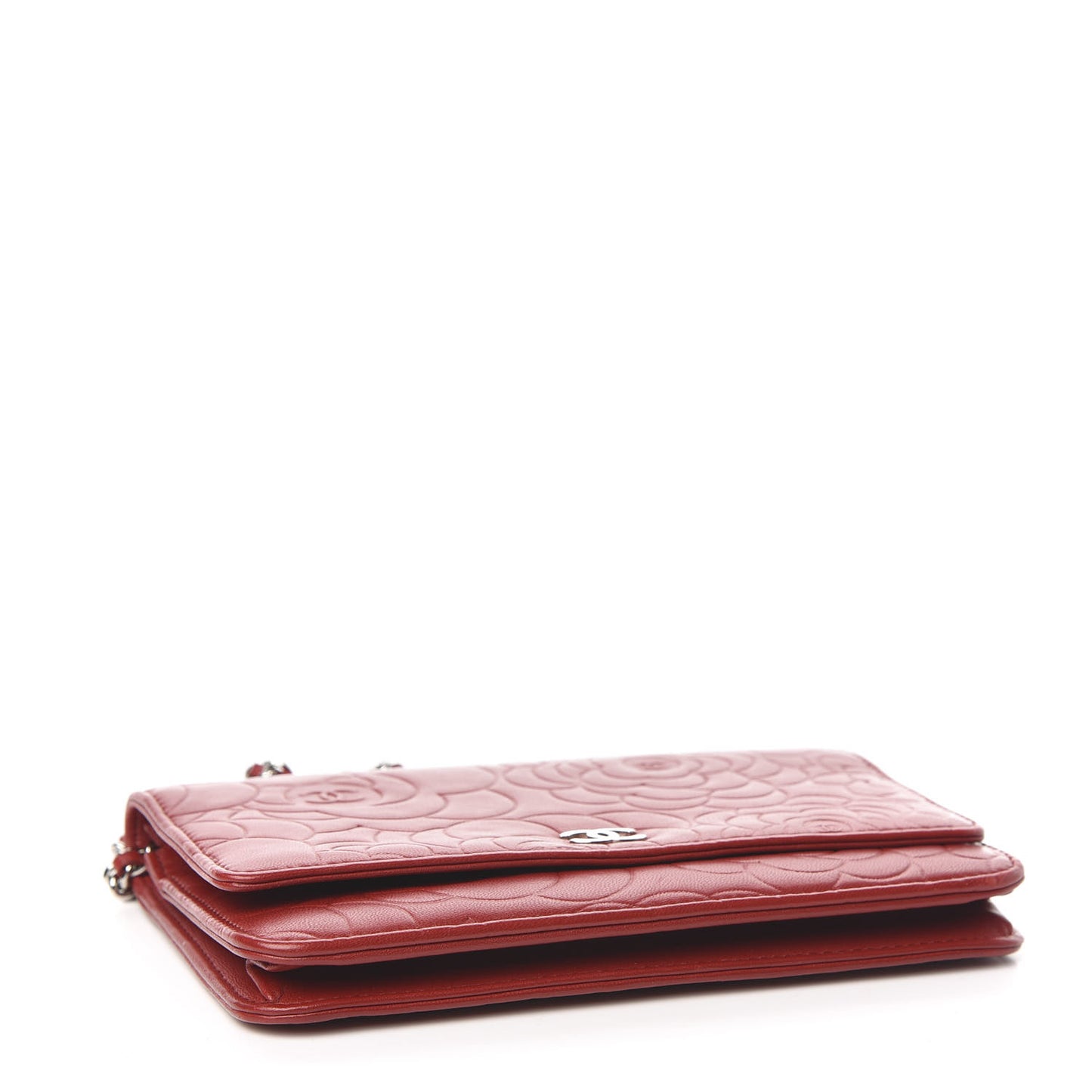 Lambskin Camellia Embossed Wallet On Chain WOC Dark Red