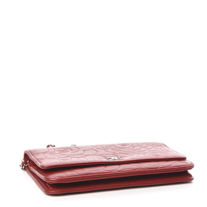 Chanel Lambskin Camellia Embossed Wallet On Chain WOC Dark Red 4 of 13