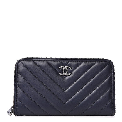 Chanel Lambskin Chevron Quilted Studded Zip Around Wallet Navy Blue 1 of 9
